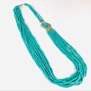 Long Exotic Teal Seed Bead & Pendant Necklace